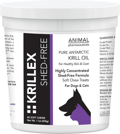 Animal Pharmaceuticals Krillex Shed-Free Chews - Shedding Support Krill Oil for Dogs & Cats - Skin and Coat Omega 3 Supplement for Dogs - 60 ct