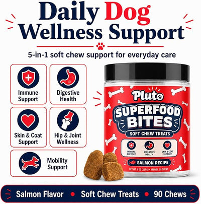Pluto Superfood Softchew for Dogs, Immune Support Digestive Health Skin & COATSUPPORT Hip and Joint Supplement for Dogs Salmon Flavor 90 Chews (2 PCS)