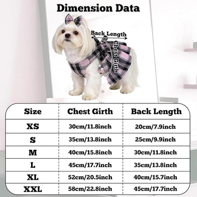 Dog Plaid Dress Harness and Leash Set with Pearls Bow Adjustable Puppy Dress Mesh Vest Bow Knot Pet Clothes for Cute Small Girl Dog Cat