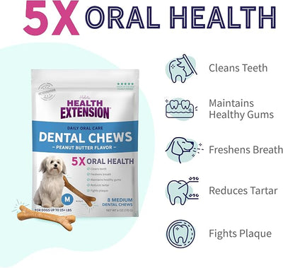 Health Extension Peanut Butter Dental Bones for Dogs, 8 Medium Bones, Healthy Gums, Freshens Breath, Cleans Teeth, Training or Reward, 6 oz Bag (Pack of 4)