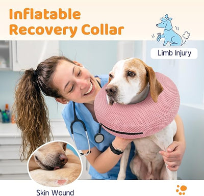 Supet Inflatable Dog Cone Collar for Dogs to Stop Licking, Dog Donut Collar After Surgery, Soft Pet Cone for Small Medium Large Dogs Pink 02 XS