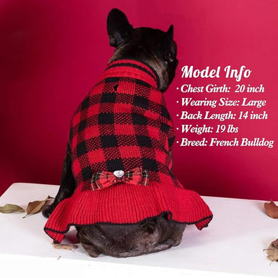 KYEESE Christmas Dog Sweater Dress for Medium Dogs with Leash Hole Classi Checkered Pet Sweaters Dog Christmas Outfit with BowtieTurtleneck Dogs Apparel for Winter, XXXL