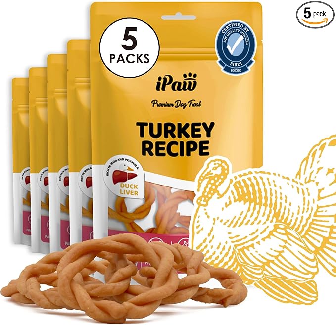 iPaw 5 Stock-Up Combo Turkey Dog Treats, SQF Certified Human Grade Dog Treat, Suitable for Training Chew, Hypoallergenic, Rawhide Alternative, Ring (Duck Liver), 5 Packs