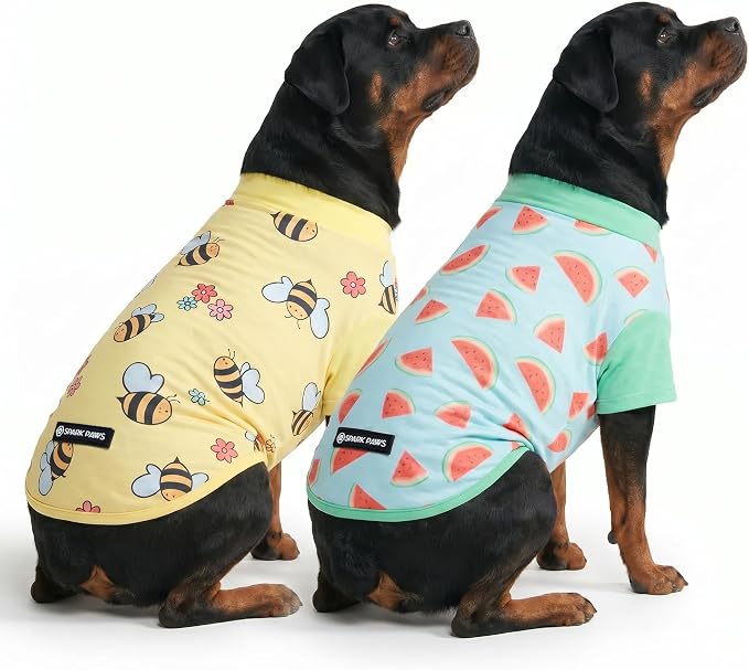 Spark Paws Sunblock Dog T-Shirt, SPF30 Protection, Lightweight Breathable Quick Dry for Dogs with Sensitive Skin - Bees & Watermelon (Set of 2) - Size 4XL