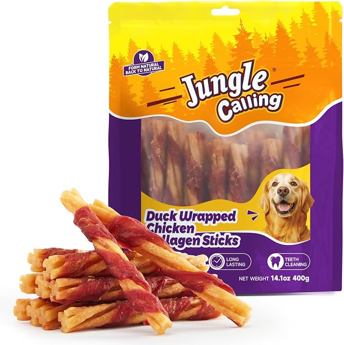 Jungle Calling 22 Count Duck Wrapped Chicken Collagen Sticks, Long Lasting Dog Chews & Bones, Digestible Rawhide Alternative, Teeth Cleaning Dog Treats for Small Medium Dogs, 14.1oz（5 Inch）