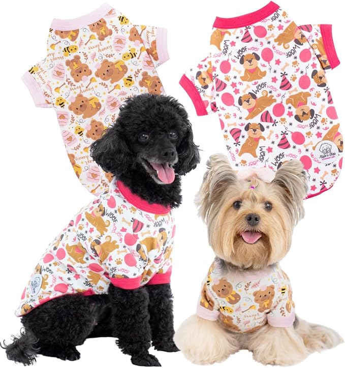 Pippo's Shop 2 Pack Dog Shirt Premium Peruvian Cotton, Fashionable and Cute Pet Apparel, Lightweight Stretch Puppy Soft Breathable T-Shirt (Bee & Pup-Girl Pack, X-Small)