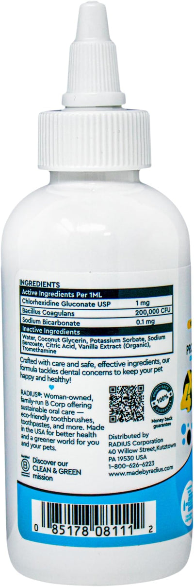RADIUS OralPro+ Pet Probiotic Enzymatic Water Additive - Dog and Cat Dental Care Solution - Plaque & Tartar Defense Meal Supplement - Fresh Breath & Gut Health - Calming Vanilla, 4 Oz (Pack of 2)