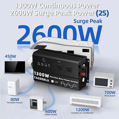 1300W Pure Sine Wave Power Inverter 12V DC to 110V 120V AC for Solar, Truck | Inverter for Car with 4 AC Outlets & 4 USB (30W QC & PD), LCD Display, 2600W Peak, Car Converter for RV Home Off-Grid Camping