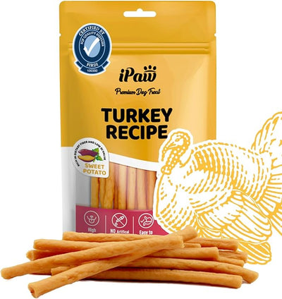 iPaw Turkey Dog Treats, SQF Certified Human Grade Dog Treat, Suitable for Training Chew, Hypoallergenic, Rawhide Alternative, Thin Stick (Sweet Potato)