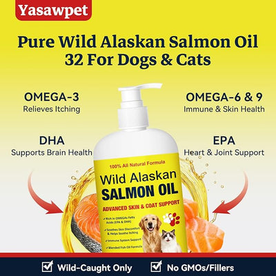 Wild Alaskan Salmon Oil for Dogs & Cats - 32oz Omega 3 Fish Oil with EPA DHA Fatty Acids, Skin & Coat Support, Itchy Relief, Immune & Joint Support, Liquid Food Topper for Heart & Brain Health