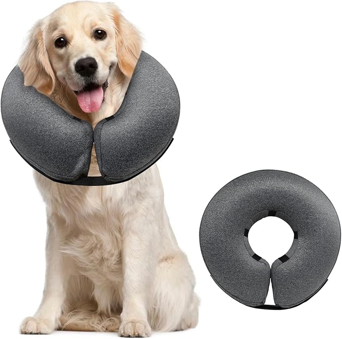 MIDOG Inflatable Dog Cone, Soft Donut Recovery Collar Alternative After Surgery to Help Prevent Licking, Comfy E Collar with Neck Pillow Design, Grey, L+