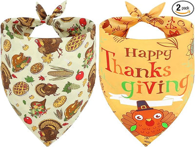 Vivifying Thanksgiving Dog Bandana, 2 Pack Turkey and Pizza Dog Scarves Costumes, Funny Holiday Pet Accessories for Thanksgiving Dinner, Photo Prop, and Party Decor (Large, Orange & Brown)