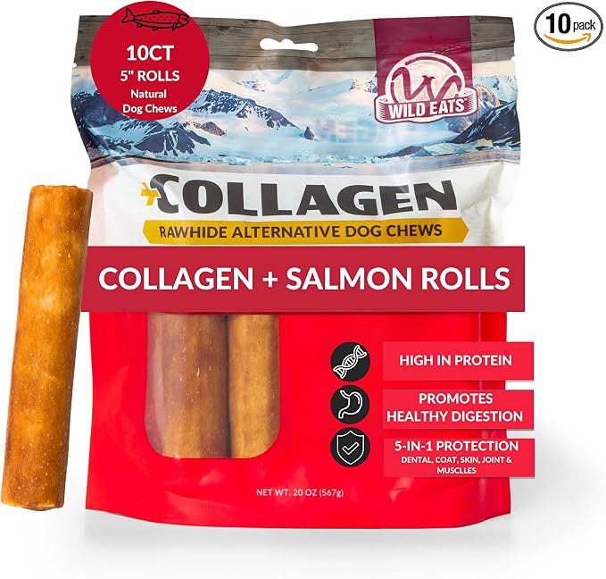 Wild Eats Salmon Flavor Collagen Retriever Style Cheek Rolls 5" Dog Chews-10 Pack (Long Lasting Dog Chews Treats & Bones for Medium Dogs) Rawhide Alternative, No Hide, Pig Ears Substitute for Dogs