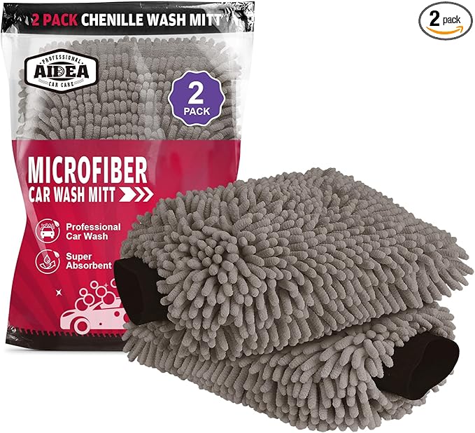 AIDEA Car Wash Mitt Microfiber, 2PK, Car Wash Brush, Grey, 7.12''X10.14'' | Scratch Free Lint Free Premium Chenille Microfiber Mitt, Cleaning Supplies, Regular Size