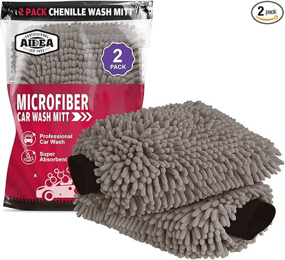 AIDEA Car Wash Mitt Microfiber, 2PK, Car Wash Brush, Grey, 7.12''X10.14'' | Scratch Free Lint Free Premium Chenille Microfiber Mitt, Cleaning Supplies, Regular Size