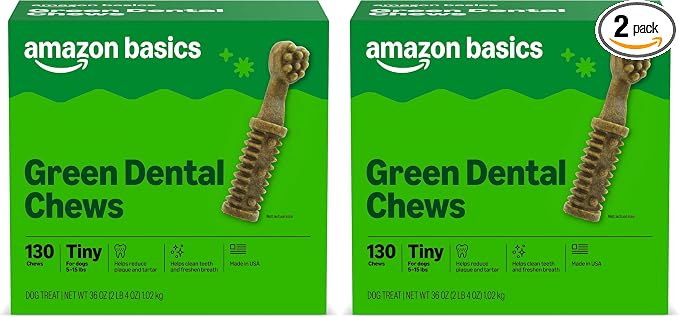 Amazon Basics Dental Dog Treats to Help Clean Teeth & Freshen Breath - Tiny (5-15 lbs), Unflavored (Previously Wag) (Pack of 2)