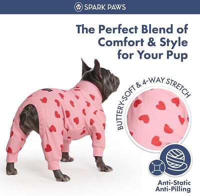 Spark Paws Dog Pajama, Dog Recovery Suit Male, Onesie, Ultra-Soft and 4-Way Stretch, for Small Medium and Large Breeds - Pink Hearts - 4XL