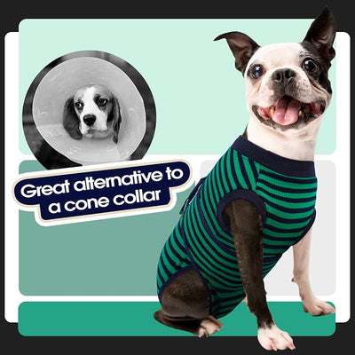 FUAMEY Recovery Suit for Dogs After Surgery,Soft Breathable Dog Bodysuit E-Collar & Cone Alternative Surgical Suit,Male Female Dog Neuter Spay Suits Anti Licking Wounds Onesie Green Black Stripes XL