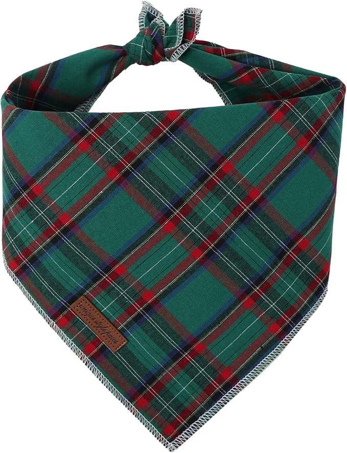Unique Style Paws Dog Christmas Bandanas 1PC Washable Cotton Triangle Dog Scarfs for Small Medium Large Dogs and Cats-New Green Grid-L