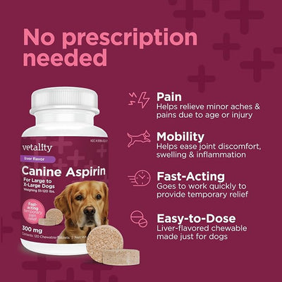 Vetality Canine Aspirin for Dogs | Fast Pain Relief | Large to X-Large Dogs | Liver Flavor | 120 Chewable Tablets