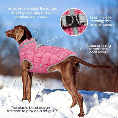 FUAMEY Dog Coat for Small Dogs,Waterproof Dog Winter Jacket with Harness Built in Puppy Cold Weather Coats Reflective Pet Vest with Zipper Warm Fleece Dogs Snowsuit Windproof Rose Plaid XS