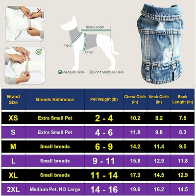 Jean Jacket, Blue Denim Lapel Vest Coat Costume, Dog & Cat T-Shirt Clothes, Cool & Funny Apparel Outfits, Machine Washable for Small & Medium Dogs & Cats (L)