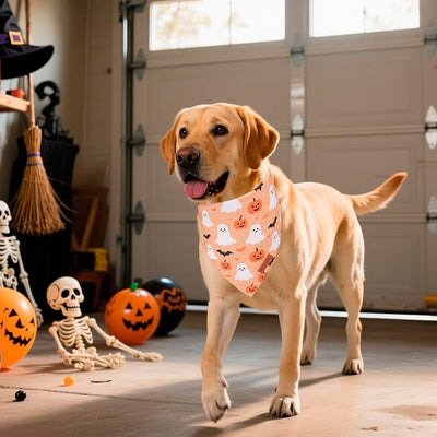PTDECOR Halloween Dog Bandana, Pumpkin Ghost Design Reversible Holiday Pet Scarf, Black Yellow Halloween Bandanas for X-Large Dogs Pets(X-Large)