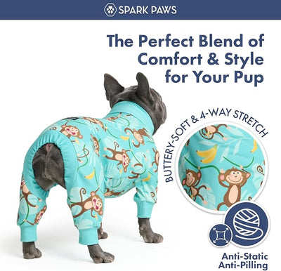 Spark Paws Dog Pajama, Dog Recovery Suit Male, Onesie, Ultra-Soft and 4-Way Stretch, for Small Medium and Large Breeds - Monkey Business - S