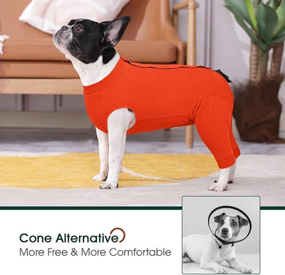 Kuoser Dog Recovery Suit with Anti Licking Rear Leg Sleeve, Orange 4XL | Abdominal Dog Surgical Suit with Pants Cover Protect Wounds, Dogs Elbow Protector Soft Pet Surgery Onesie Cone Alternative