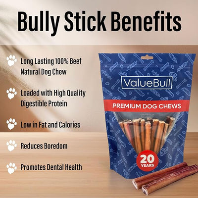 ValueBull Bully Sticks for Dogs, Medium 6 Inch, 100 Count - All Natural, Grass Fed, Single Ingredient, Long Lasting Dog Treats