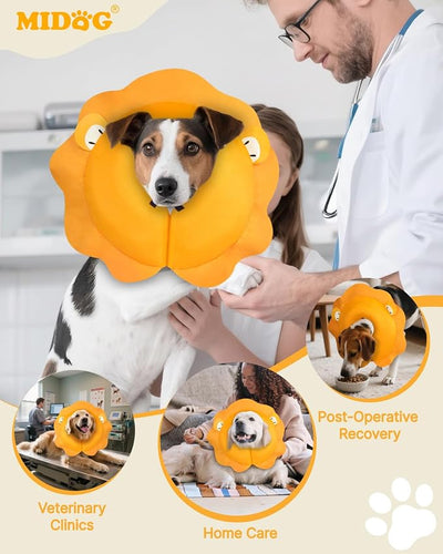 MIDOG Inflatable Dog Cone Collar, Cute Lion Mane Recovery Collar for Large Medium Dogs, Soft Blow-Up Donut Alternative After Surgery, Anti-Lick Protective Neck E-Collar (M+, 14"-18")