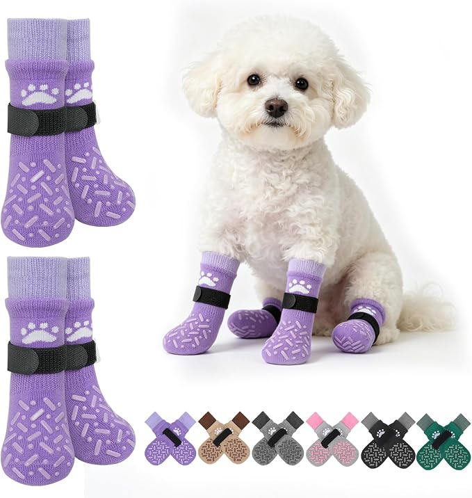SCENEREAL Anti Slip Dog Socks to Prevent Licking Paws for Hot/Cold Pavement, Paw Protector Traction Control on Hardwood Floor, Dog Shoes Booties for Puppy Small Medium Large Senior Dogs, Purple S