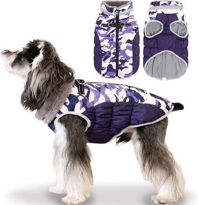 Cutebone Purple Camouflage Waterproof Thick Dog Winter Coat Doggie Jacket, Cozy Warm Pet Clothes Comfortable Puffer Dog Vest for Small Medium Large Dogs with Harness Hole YRFN01M
