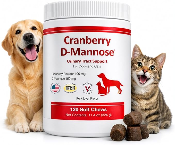 Cranberry D-Mannose Urinary Tract Support Supplement for Cats and Dogs - Cranberry Extract, D-Mannose, Vitamin C - Bladder and UTI Treatment - Made in USA - 120 Soft Chews