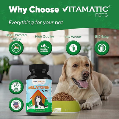 Vitamatic Melatonin for Dogs - 6 mg - 120 Beef Flavored Chewable Tablets ((Pack of 1))
