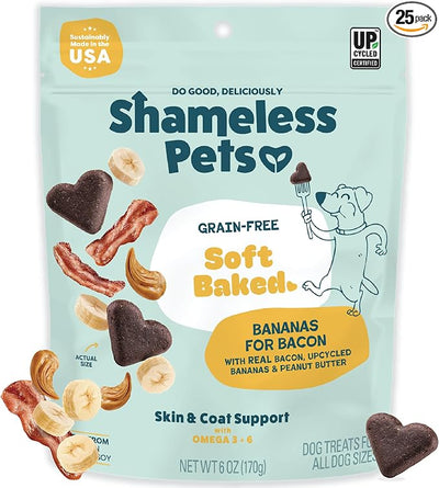 Shameless Pets Soft-Baked Dog Treats, Bananas for Bacon | Healthy Treats for Small, Medium & Large Dogs | Skin & Coat Support with Omega-3 & Omega-6 | Grain-Free, Made in USA | 6 oz
