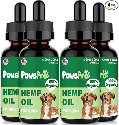4-Pack Hеmp Oil for Dogs and Cats - Hip and Joint Support - Skin and Coat Health - with Omega 3, 6, 9 and Vitamins - Fast Results