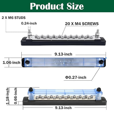 LENKRAD 20 Power/Ground Distribution Block, Marine Bus Bar 12V Waterproof 150A Battery Terminal Junction Block for Automotive RV Solar Wiring, Boat Bus Bar Kit 2 x M6 Posts, 20 x M4 Terminal Screws