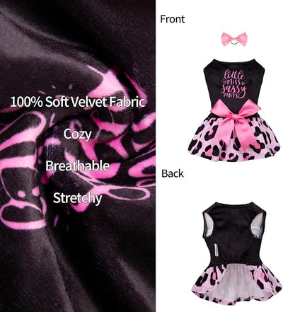 CuteBone Little Miss Sassy Pants Dog Leopard Print Dress Velvet for Small Dogs Girl Puppy Dresses Pink Dog Clothes