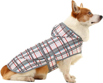 Dog Raincoat for Large Dogs Waterproof Jacket Hooded Rain Coats with Reflective Strips Leash Hole & Poncho Adjustable Fit (Plaid,L)