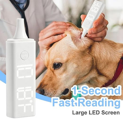Pet Ear Thermometer, Non-Contact Infrared Temperature Measuring Device with Charging Base, Large Bright LED Screen Accurate Fast Reading Digital Thermometer for Dogs Cats Pets (White)