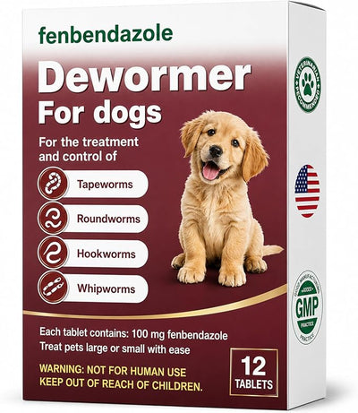Dewormer for Dogs, Fenbendazole for All Wormers, Hookworms, Tapeworms, Whipworms and Roundworms, 12 Count