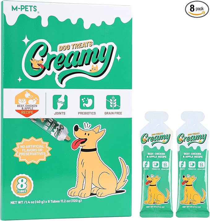 M-PETS Creamy Lickable Dog Treats, Beef Flavor, 8 Tubes Squeeze Up Soft Dog Snacks for Puppies & Seniors, Reward Training or Food Topper,Low-Calorie Grain Free Puree for Joint & Digestive Health