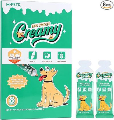 M-PETS Creamy Lickable Dog Treats, Beef Flavor, 8 Tubes Squeeze Up Soft Dog Snacks for Puppies & Seniors, Reward Training or Food Topper,Low-Calorie Grain Free Puree for Joint & Digestive Health