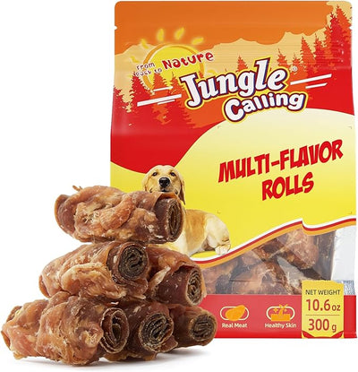 Jungle Calling Multi Flavor Rolls Dog Treats, Made with Real Chicken Duck Beef Meat, Peanut Butter Flavor Rawhide-Free Dog Snacks, Health Skin and High Protein Dog Treat, 10.6 oz
