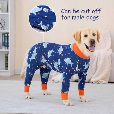 Dog Recovery Suit After Surgery Female Male, Medium Large Dog Neuter Shirt Cone Alternatives Prevent Licking Surgical Onesies (Blue Shark, 3XL)