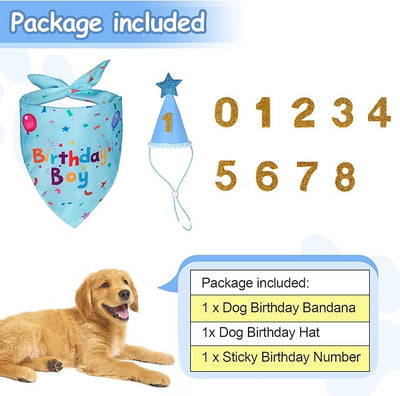 Dog Birthday Bandana Set, Dog Birthday Party Supplies, Puppy Boy Girl Birthday Party Hat with Numbers for X-Small, Small and Meidum Puppy (Blue)