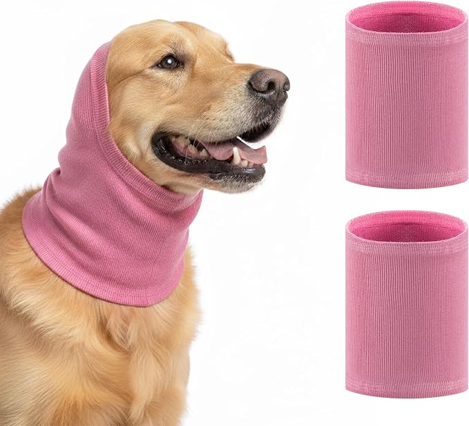 GOLD HONEY Dog Head Wrap, 2 PCS Soft Elastic Dog Ear Cover, Muffs Noise Protection, Anxiety Relief and Calming Pet, No Flap Ear Wrap for Grooming, Force Drying, Fireworks (Boxed, Pink, L)