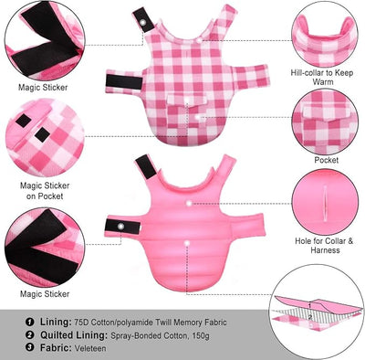 ASENKU Dog Winter Coat, Fleece Doggie Jacket Plaid Reversible Vest Waterproof Windproof Cold Weather Clothes for Small Medium Large Dogs (Pink,3XL)
