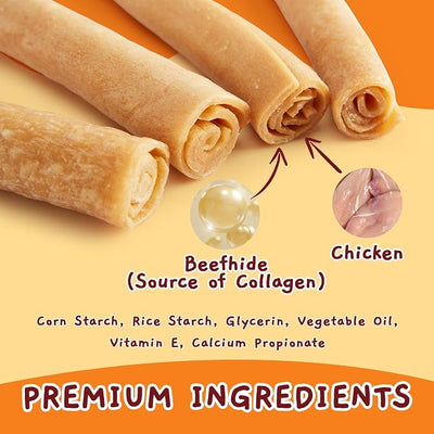 Jungle Calling 18.3 oz Collagen Rolls for Dogs, 7 Inch Long Lasting Dog Treats, Chicken Flavor Rawhide Alternative, Digestible Chew Bones for Medium and Large Dogs, 4 Count